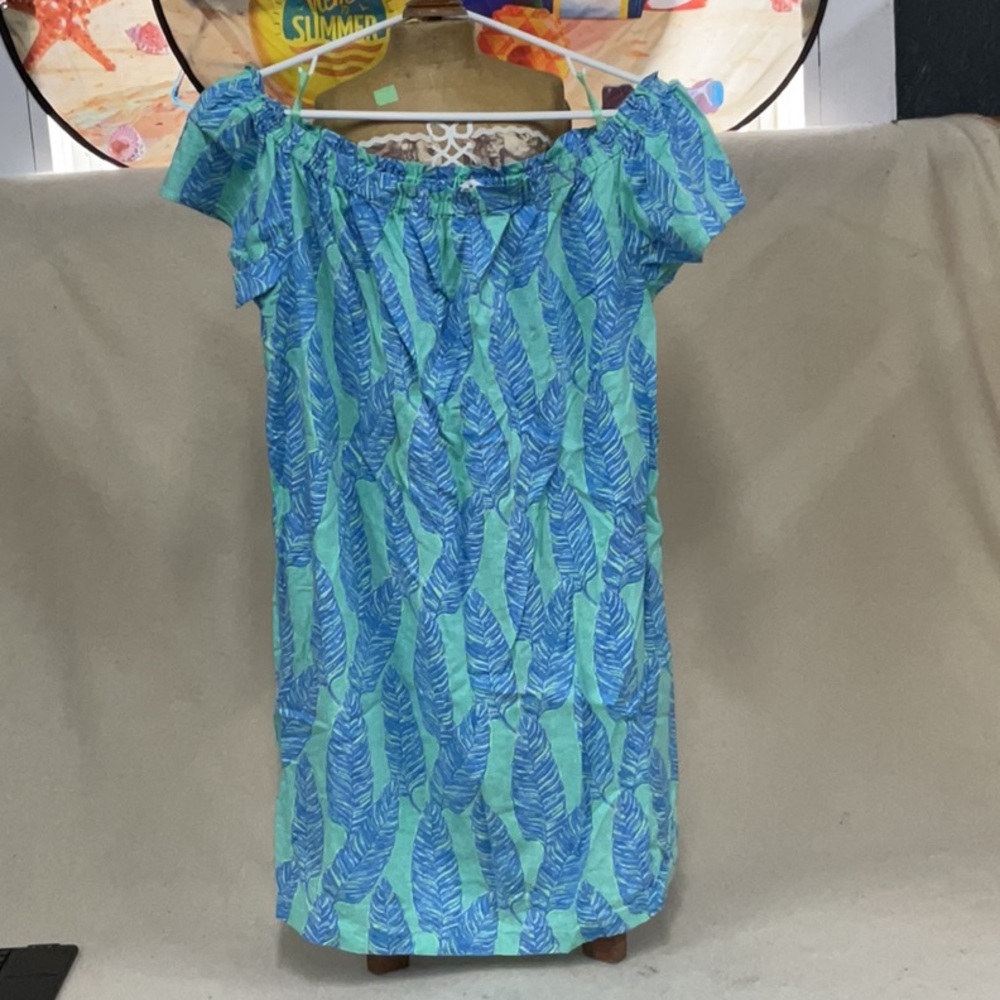 Blue Green Off-Shoulder Tropical Print Dress